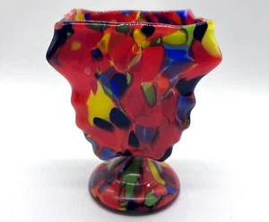 Vintage Kralik Czechoslovakia 5-3/4" Spatter Knuckle Square Glass Bowl Vase Red - Picture 1 of 5