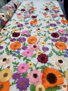Lace Multicolor Embroidery 3d Floral Flowers Fabric By The Yard White Mesh Sprin - Picture 1 of 11