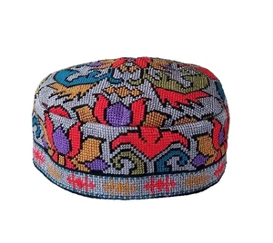 UZBEK IROQI TRIBAL HAND EMBROIDERED SILK HAT-UNISEX - APPROX 23.5" - L/XL - Picture 1 of 5