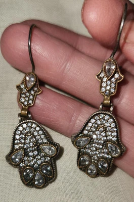 Deslumbrantes brincos de mão Hamsa prata 925 diamante cobre - Imagem 1 de 4