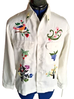 VTG  70's LG White Shirt Hippie Flower Child BOHO Roma Gypsy USA HandEmbroidered - Image 1 of 4