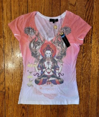 NTW RARE Vtg CHRISTIAN AUDIGIER Designer Pink Indian Graphic Print T-Shirt, Sz L - Image 1 of 3