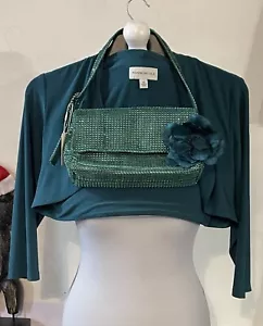 RONNI NICOLE SIZE 18 TEAL GREEN SHRUG CARDIGAN & BNWT CRYSTAL EVENING BAG & FREE - Picture 1 of 8