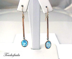 PENDIENTES COLGANTES ORO AMARILLO 14K 2" LARGO CON TOPACIO AZUL FORMA OVALADA. - Imagen 1 de 3