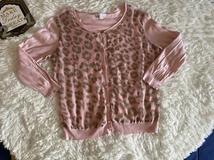 New York & Co Women Button Cardigan Sweater Pink Leopard Print Cotton Size L - Picture 1 of 5
