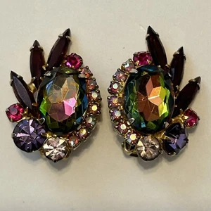 Vintage JULIANA DeLizza Elster Watermelon AB Rhinestone Climber Clip On Earrings - Picture 1 of 15