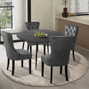 Oikiture 110cm Round Dining Table with 4PCS Dining Chairs Velvet Grey - Picture 1 of 10