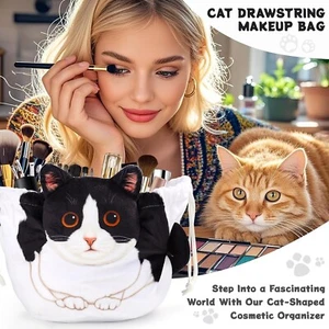Bolsa de maquillaje con cordón para gatos, bolsa de maquillaje plana, bolsa de cosméticos de viaje portátil - Imagen 1 de 8