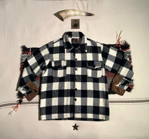 50s RockabillyWool Shirt Jacket S-M Check  Workwear Black White Made Canada Vtg - Picture 1 of 18