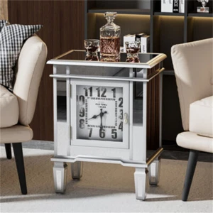 FATIVO Silver Mirrored End Table with Clock Glass Accent Side Table Cabinet Home - Picture 1 of 10