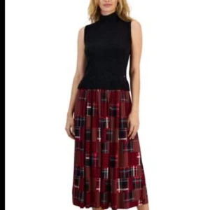 Tommy Hilfiger Women's Mock Neck Plaid-Dress Skirt Sleeveless Black scarlet Med - Picture 1 of 5