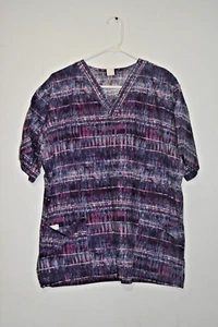 Barco Women’s Large Purple Batik Tie Dye Striped 100% Cotton Scrub Top - Picture 1 of 8