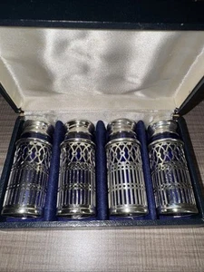 Vintage Silver?4-Pc Plate & Cobalt Blue Glass Salt & Pepper - Picture 1 of 12