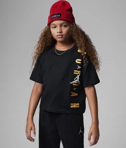 Jordan Girls Cropped Tee Shirt Sz L Time To Shine Black Gold Boxy Crop Top - Picture 1 of 6