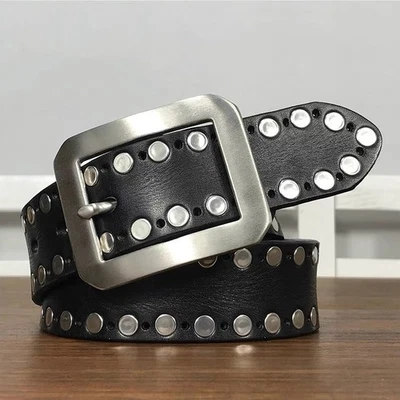 Real Leather Belt Heavy Metal Stainless steel Rivet Studded Unisex Punk Belts - Image 1 of 4