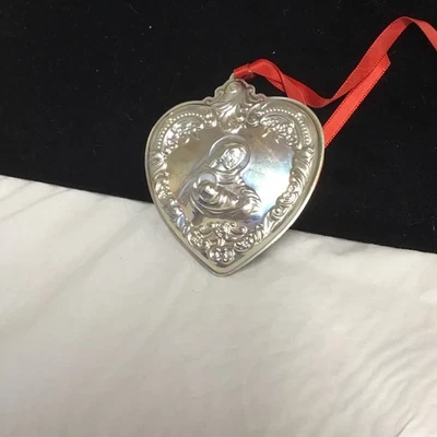 Enfeite de Natal vintage 1993 Wallace prata esterlina coração Maria/Menino Jesus - Imagem 1 de 4