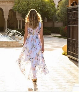 New TED BAKER VALETIA DIP HEM FLORAL GOLD ACCENTS MAXI BOHO DRESS SZ 3 UK 12 - Foto 1 di 13