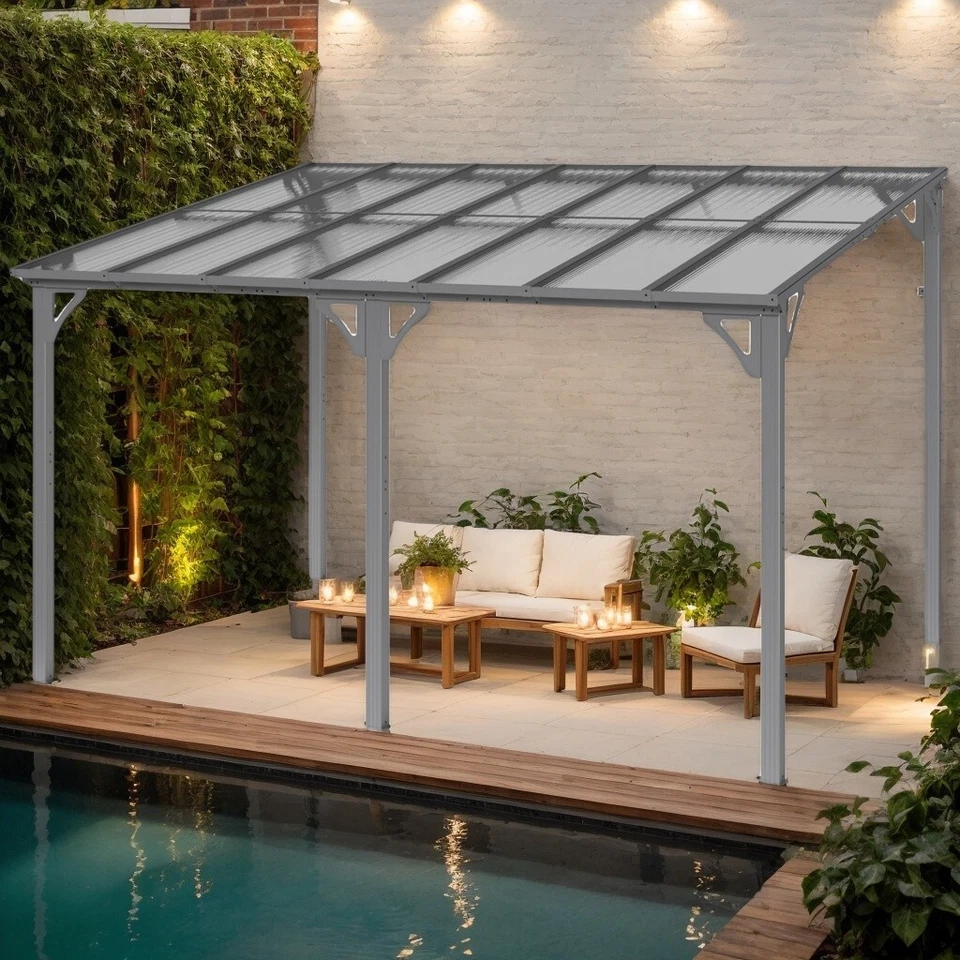 Gazebo montado en la pared de 10x14 pies, pérgola empalmable, marco de aluminio para patio, gris Foto 1 de 4