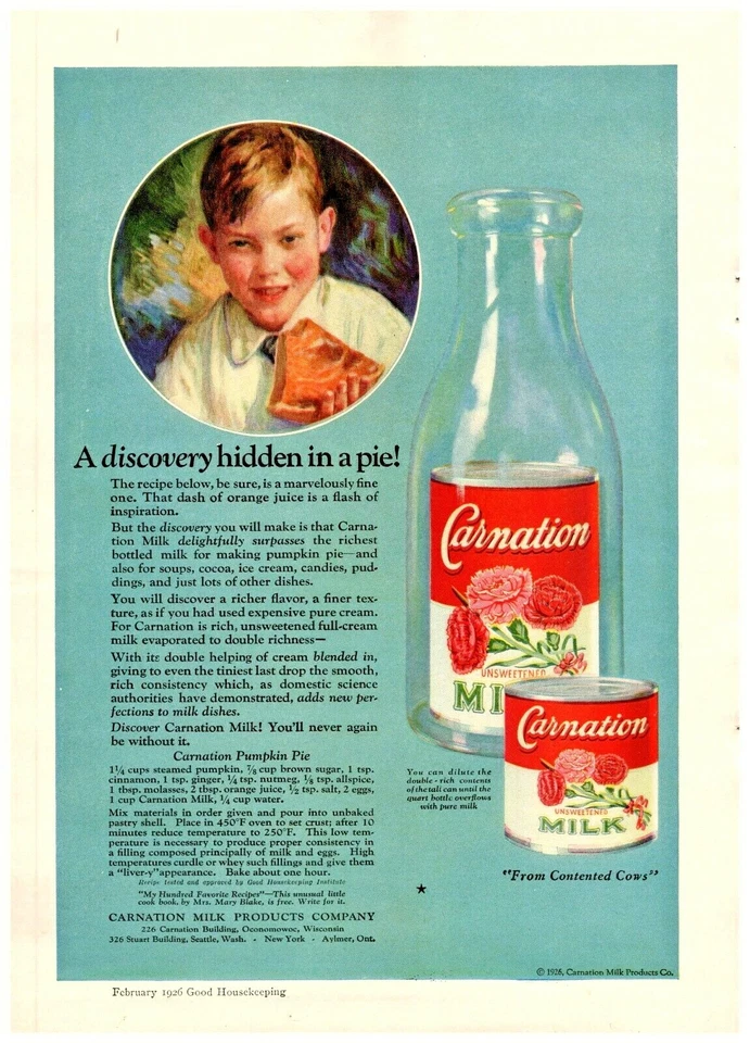 Anuncio impreso vintage de claveles de leche sin azúcar 1926 Un descubrimiento escondido en un pastel  Foto 1 de 1