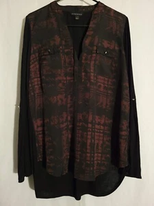 Rock Republic-Black Brown Geo Long Sleeve Vneck Top Blouse-LARGE - Picture 1 of 6