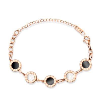 Pulseira feminina de aço titânio corrente ouro rosa/prata esmalte preto concha branca - Imagem 1 de 4