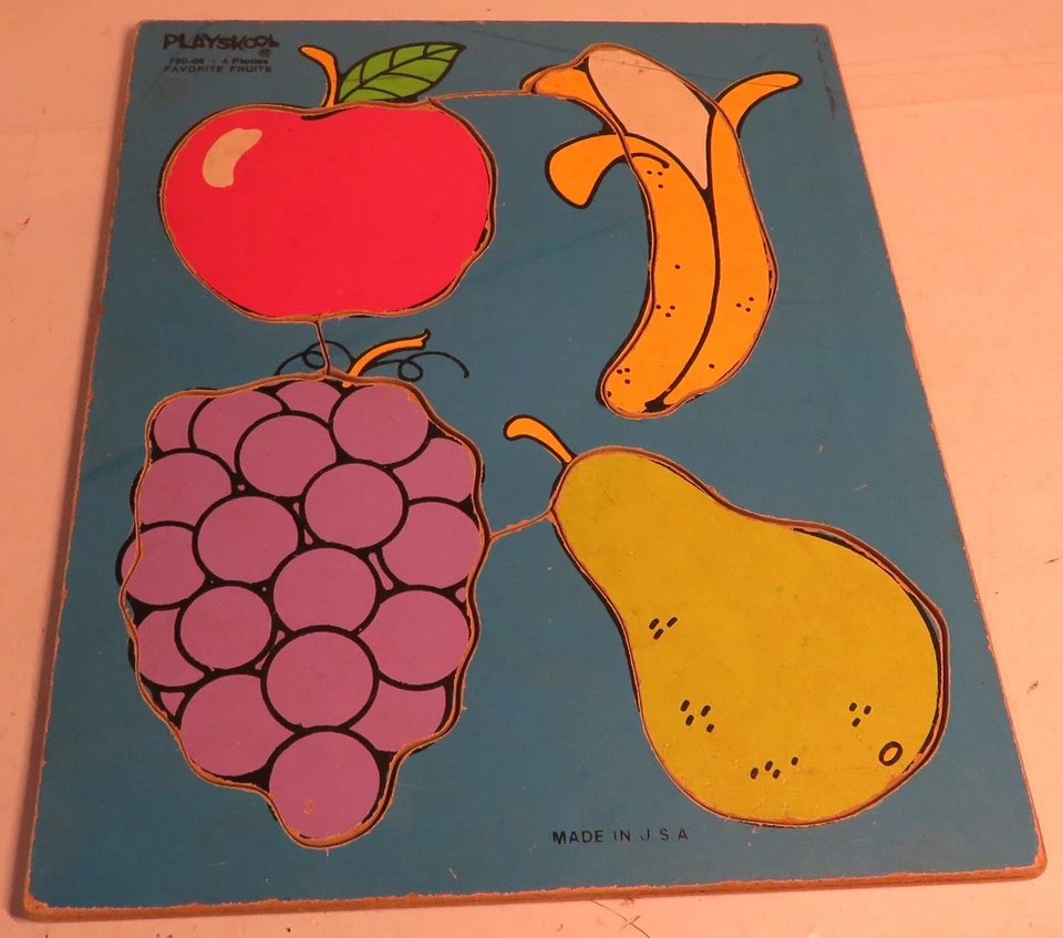 Rompecabezas Bandeja Madera Vintage 1982 Playskool Frutas Favoritas 4 piezas Manzana Uva BanPea Foto 1 de 4