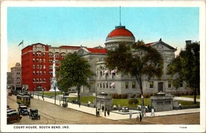 St Joseph County Court House South Bend IN Trolley 1920s Autos WB postcard P19 - Picture 1 of 2