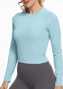 Womens Long Sleeve Crop Workout Tops Yoga Cropped Top Gym Shirts Athletic Slim - Picture 1 of 12