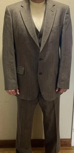 Herren 100% Wolle Anzug 3 Teiler Aschbraun Tweed Fischgrät Vintage Klassisch Kern - Bild 1 von 23