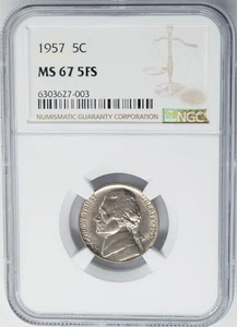 1957 Jefferson Nickel 5c MS67 5FS NGC 950813-4 - Picture 1 of 3