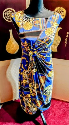 Vestido Dressbarn Cadenas Leopardo Lado Reunido Abdomen Tuck Azul, Negro, Dorado Talla 4 Foto 1 de 4