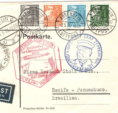 Tarjeta aérea GRAF ZEPPELIN DINAMARCA *CARAVELLE* Franking 1933 1.SÜDAMERIKAFAHRT KZ397 Foto 1 de 4