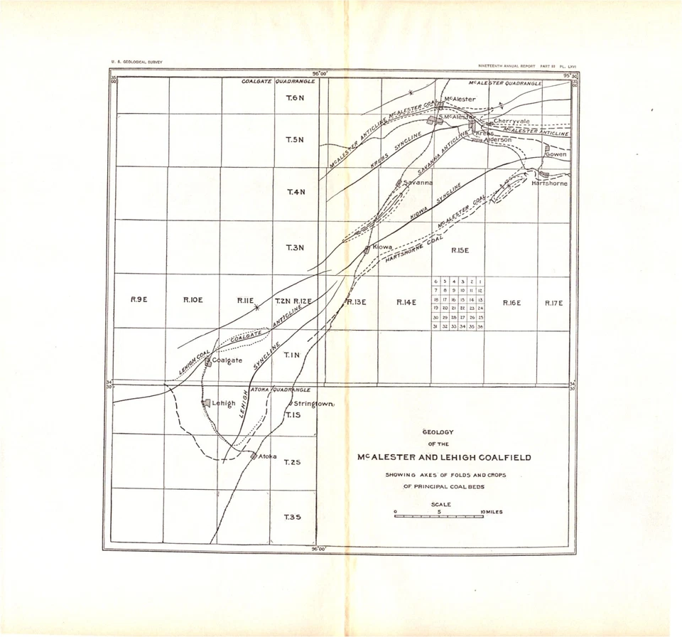 Geología de McAlester y Lehigh Coalfield - Mapa USGS de Oklahoma, litografía de 1898 Foto 1 de 1