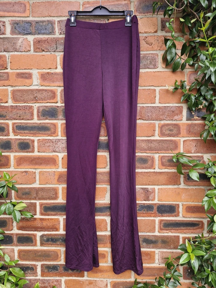 Size 10 Long  Stretchy River Island Shiny Lycra Flared Purple Leggings Trousers - Image 1 of 4