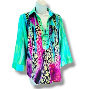 Klaveli Tunika-Bluse abstrakt Animalprint Tye Dye Gr. S/M Spitzendetail V-Ausschnitt - Bild 1 von 13