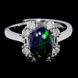 NATURAL AAA RANBOW BLACK OPAL OVAL & WHITE CZ STERLING 925 SILVER RING 8-9.5 - Picture 1 of 6