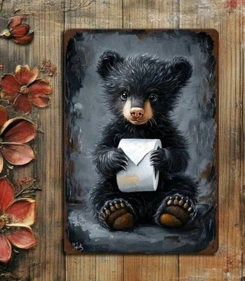 New Metal Sign Black Bear Cub Toilet Paper Bathroom Cabin Country Wall Decor Art - Image 1 of 2