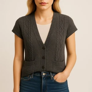Juna Cardigan Womens S Gray Wool Sweater Short Sleeve Pockets Academia Preppy - Picture 1 of 11