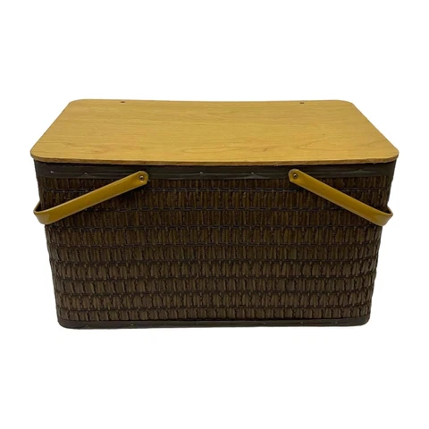 Vintage Hawkeye Burlington Picnic Basket Woven Metal Handles Wood Hinged Lid Cover