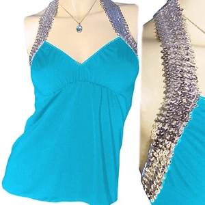 New Y2K Halter Babydoll Top Tank Silver Sequin Made USA Aqua Blue Glam Princess - Picture 1 of 4