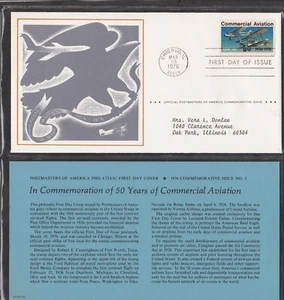USA 1976 FIRST DAY COVER 50 YEARS OF COMMERCIAL AVIATION PLANE + CARD + CACHET - Picture 1 of 1