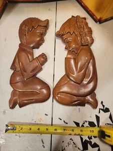 Mid Century Vintage Teak Wood Carving Praying boy and girl Wall Art Set of 2 - Picture 1 of 5