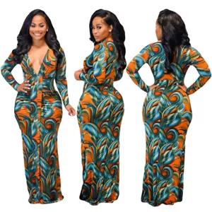NEW Women Stylish Long Sleeve Deep V Neck Multicolor Print Club Party Maxi Dress - Picture 1 of 9