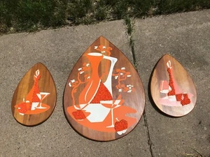 3-teiliges Set Vintage Mid Century Atomic Walnuss Popcorn Wandbild Behang Karaffe - Bild 1 von 8