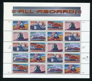 3333 - 3337 3337a 33¢ All Aboard Train Locomotive Sheet of 20 Stamps MNH 1999 - Picture 1 of 4