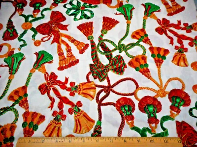Christmas Fabric 1 1/4 Yard SALE Red Grn Metallic Bow Tassels Ivory Cotton Vtg C - Image 1 of 2