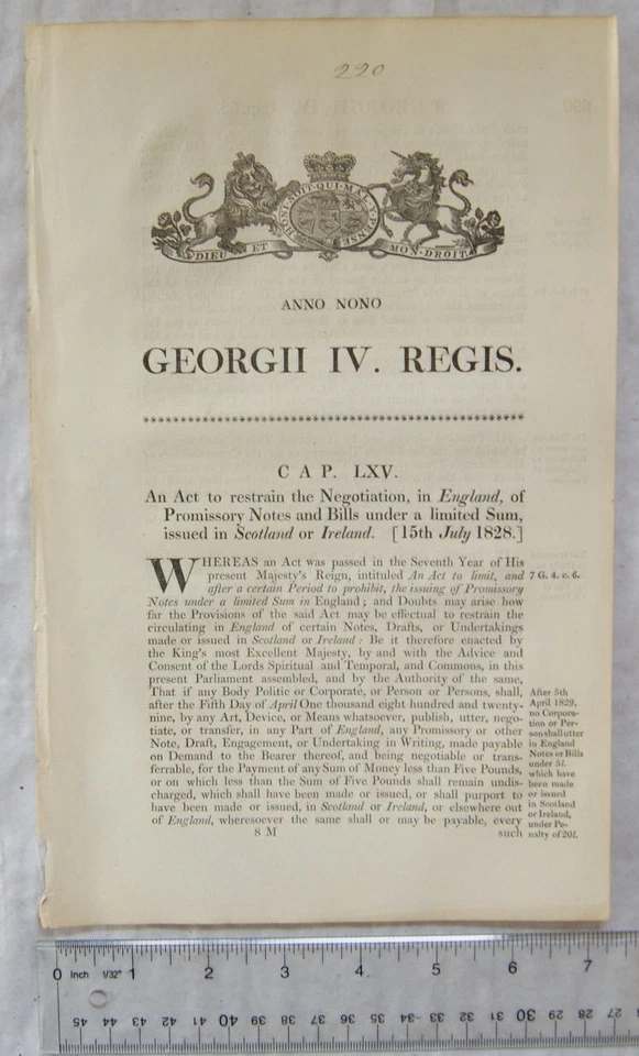 1828 Act of Parliament: negociation Promissory Notes & Bills, Scotland & Ireland - Image 1 of 1