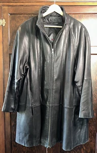 Vintage Tibor Leathers Women's Long Black Leather Paneled Jacket Sz 2X XXL - Picture 1 of 15
