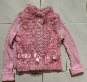 Girls Pink Cardigan Sweater Size 5 from Young Hearts - Faux Fur & Pink Ribbon - Picture 1 of 5
