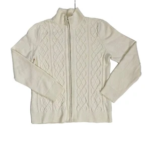 TALBOTS Women's Size L Full Zip Up Lambswool Blend Knit Ivory Sweater Mock Neck - Picture 1 of 11